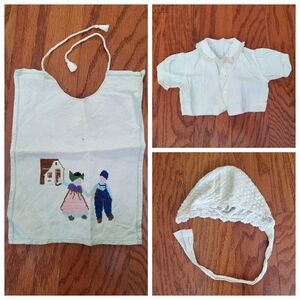 Vintage Baby Bundle Bib Hat Jacket Handmade 1960s Peter Piper & 1940s Embroidery